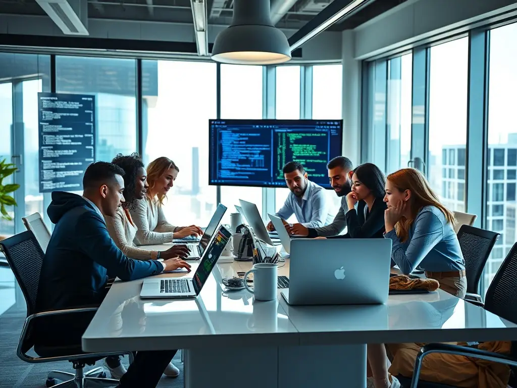 A diverse team of AI developers collaborating in a modern office setting.